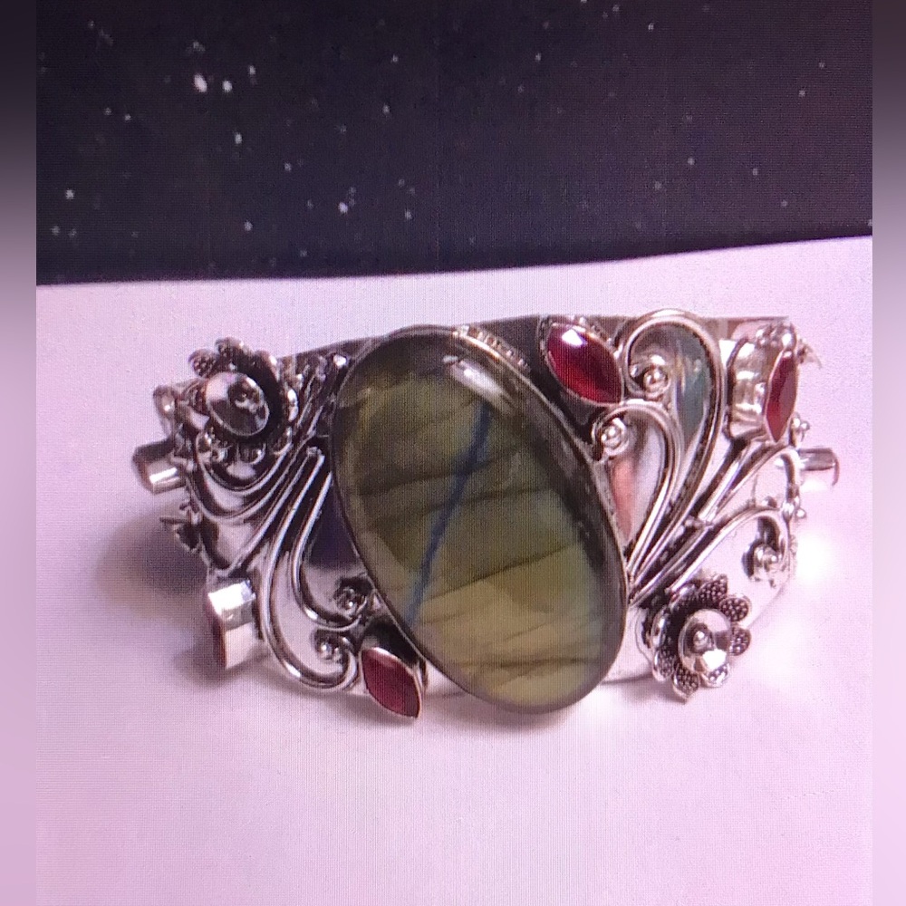 Labradorite Garnet Stamped 925 Sterling Silver Cuff Bracelet